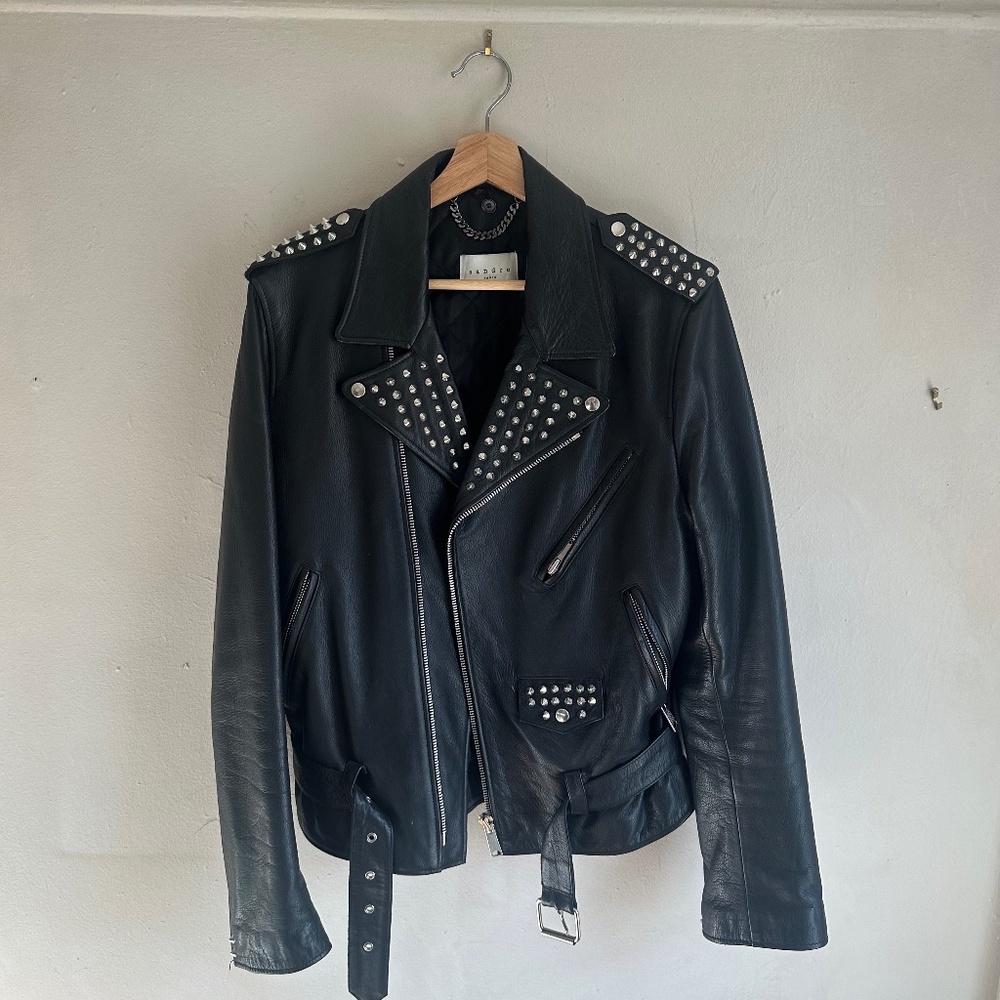 Men's Sandro studded leather biker jacket- size L